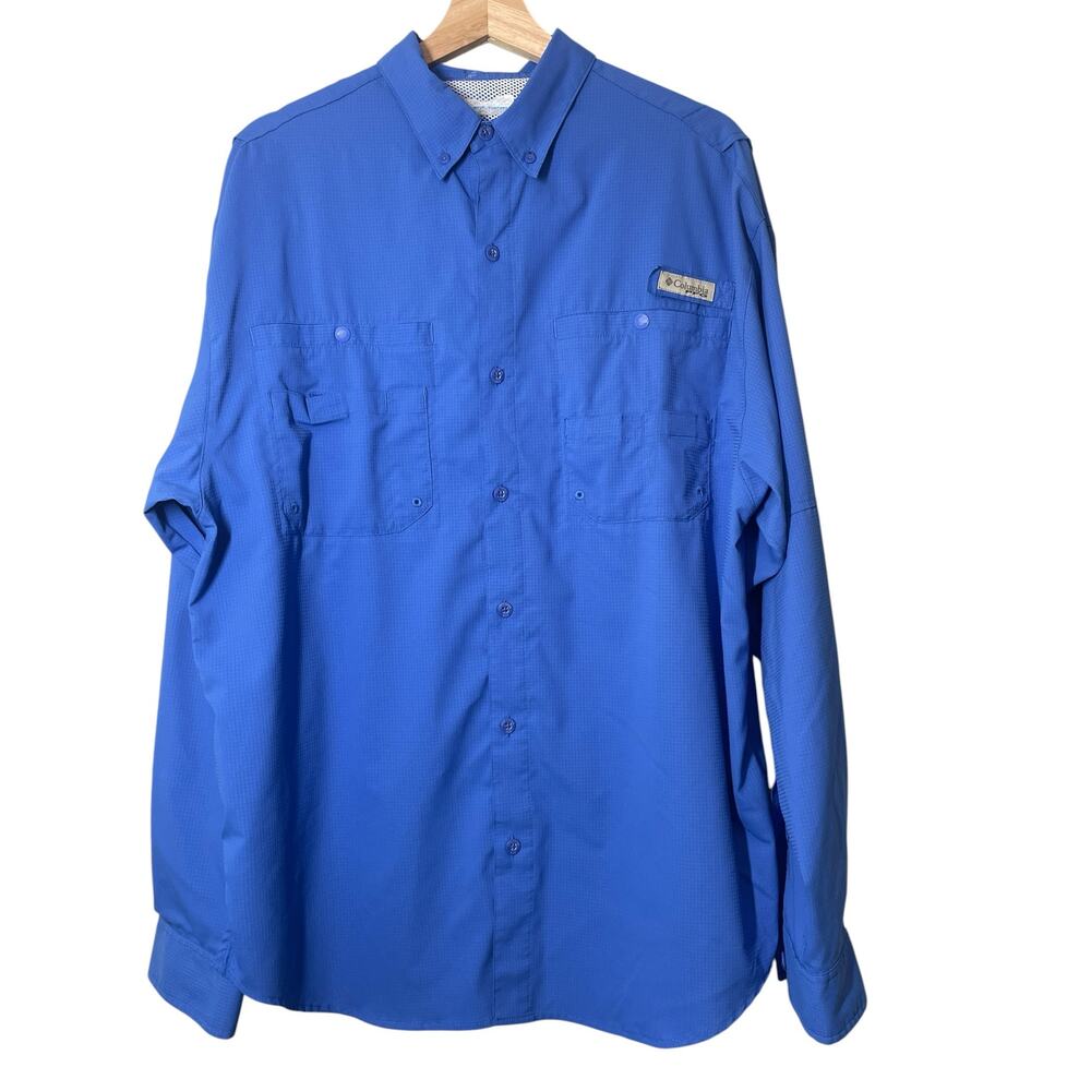 Columbia PFG Button Down Shirt Blue Long Sleeve Size Large Stretchy Fishing